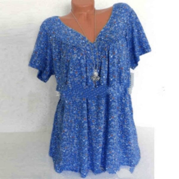 Blusa Feminina Plus Size com Decote em V e Estampa Floral FEMININO - ROUPAS - CAMISETA 1 Dm Stores Azul P 