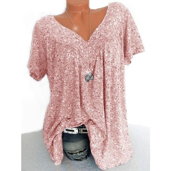Blusa Feminina Plus Size com Decote em V e Estampa Floral FEMININO - ROUPAS - CAMISETA 1 Dm Stores Rosa Claro P 