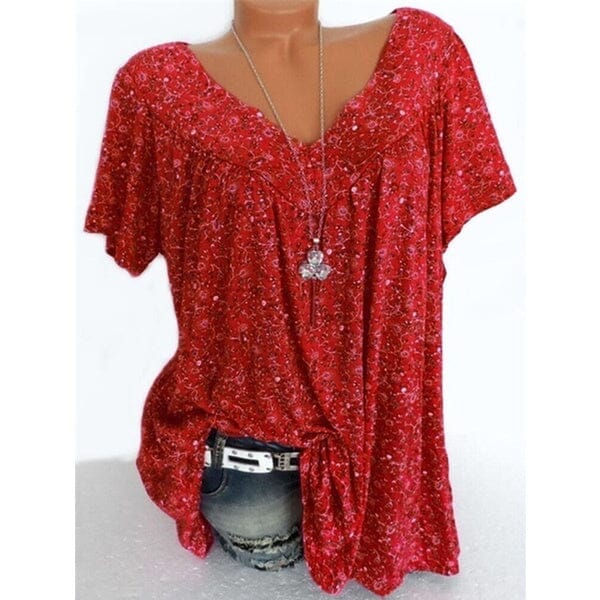 Blusa Feminina Plus Size com Decote em V e Estampa Floral FEMININO - ROUPAS - CAMISETA 1 Dm Stores Vermelho P 